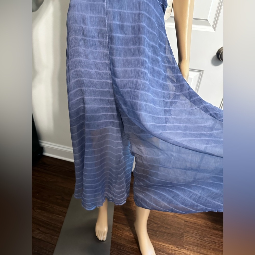 NWT-Indigo Blue Contrast Stripes Sheer Flare Leg Jumpsuit - Picture 12 of 12